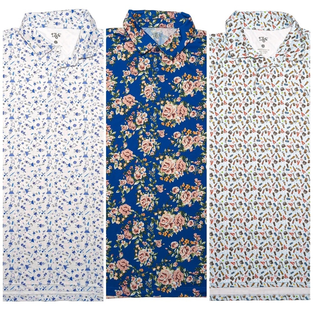 1764 Golf Performance Polos Lot of 3 Mens L All Over Print Floral BBQ Beer